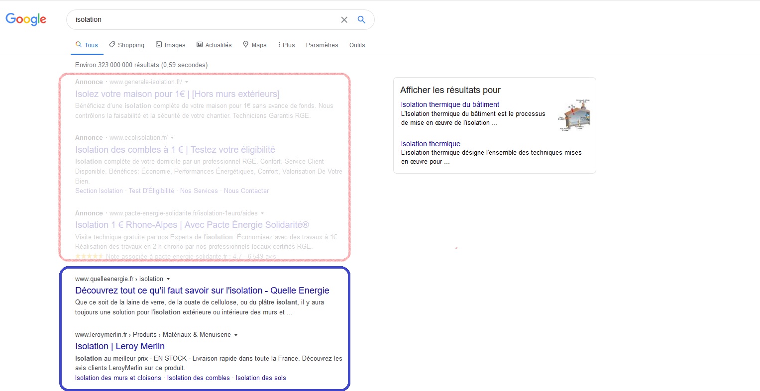 Position des résullats organiques dans les resultats de recherche de Google.