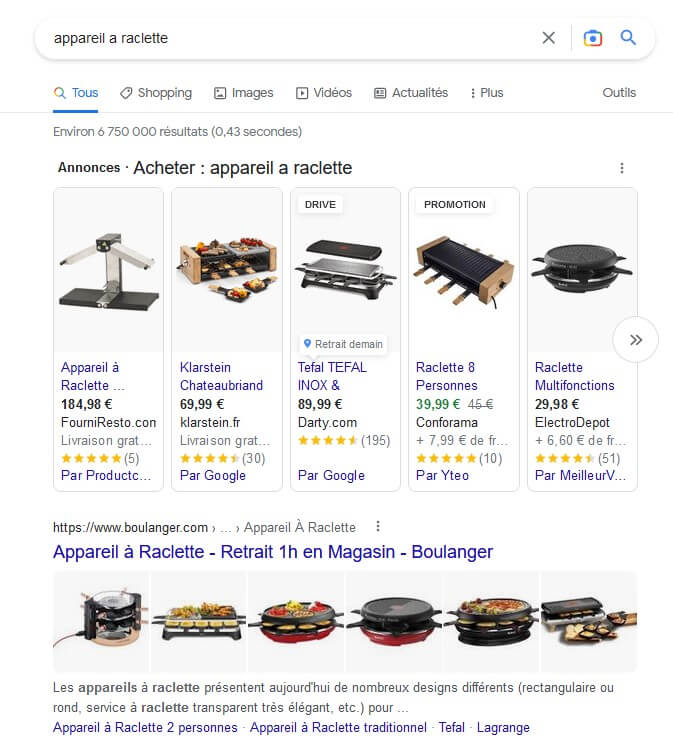 Page de résultat de google sur l'expression appareil raclette