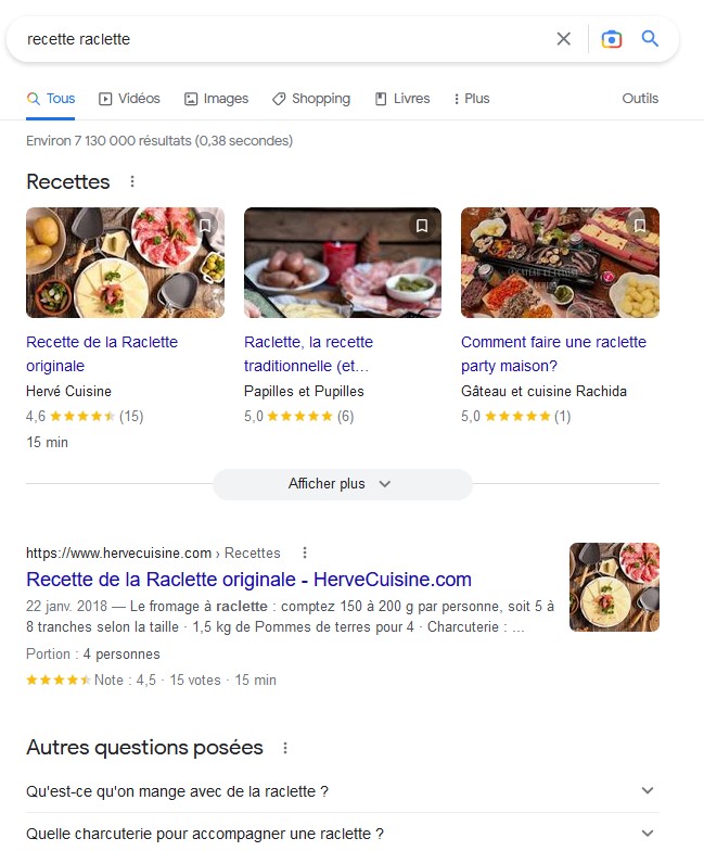 Page de résultat de google sur l'expression recette raclette