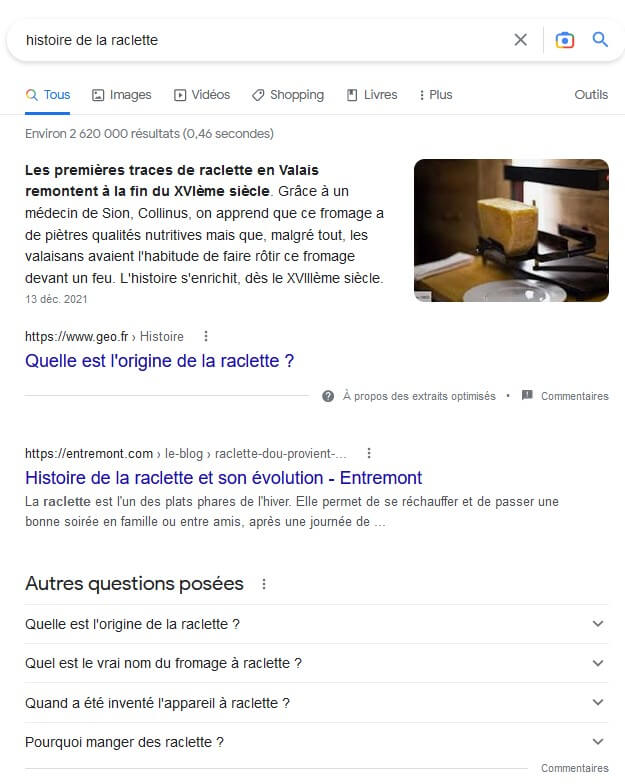 Page de résultat de google sur l'expression histoire raclette