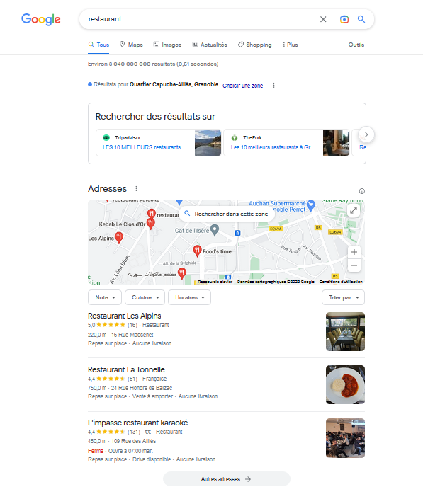 Résultat de recherche Google pour le requête restaurant pour un utilisateur situé à Grenoble. L'historique de recherche est un des critères d'affichage des résultats dans Google.