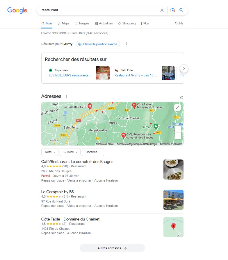 Résultat de recherche Google pour le requête restaurant pour un utilisateur situé à Annecy