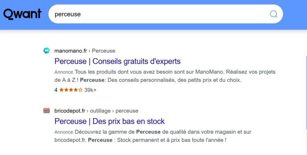 Page de résultat du  moteur de recherche Qwant qui montre que la localisation est un des critères d'affichage des résulats de recherche